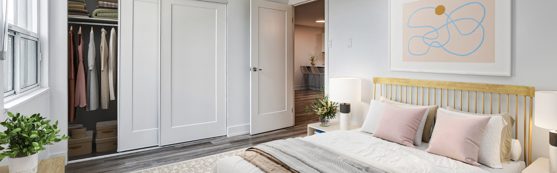 Bright and spacious bedroom of apartment in Meadowvale. Elora by Minto Apartments.